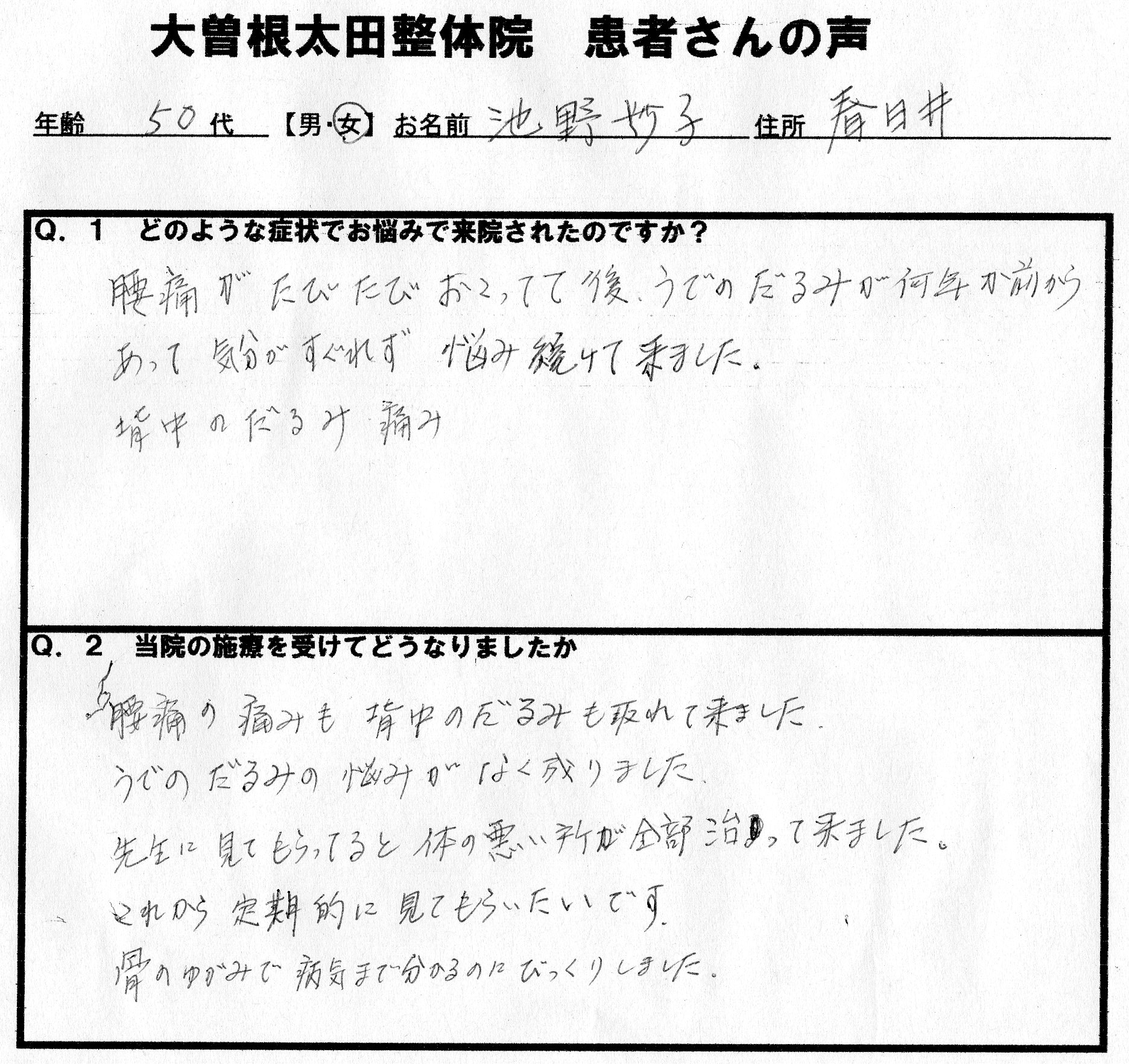 太田整体院の施療効果の例
